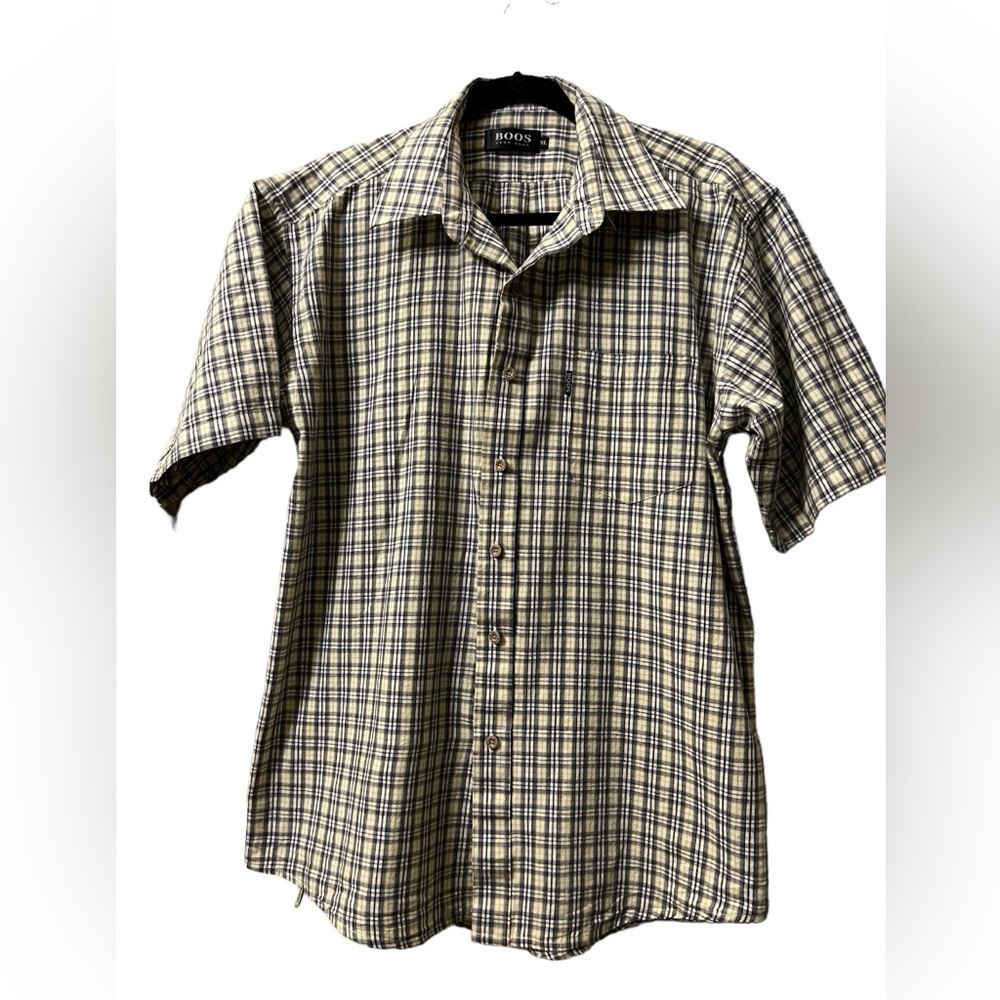 Hugo Boss Men's Size XL Plaid Button Front short sleeve 100% Cotton